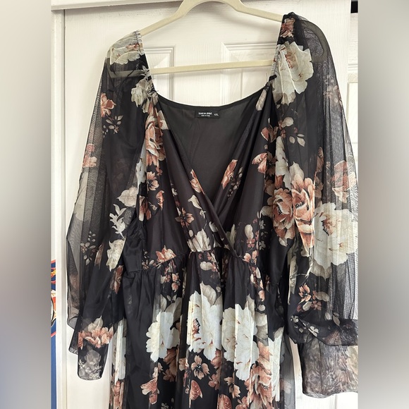 Plus Random Floral Print Overlap Collar Bishop Sleeve Belted Mesh Dress - Picture 8 of 14
